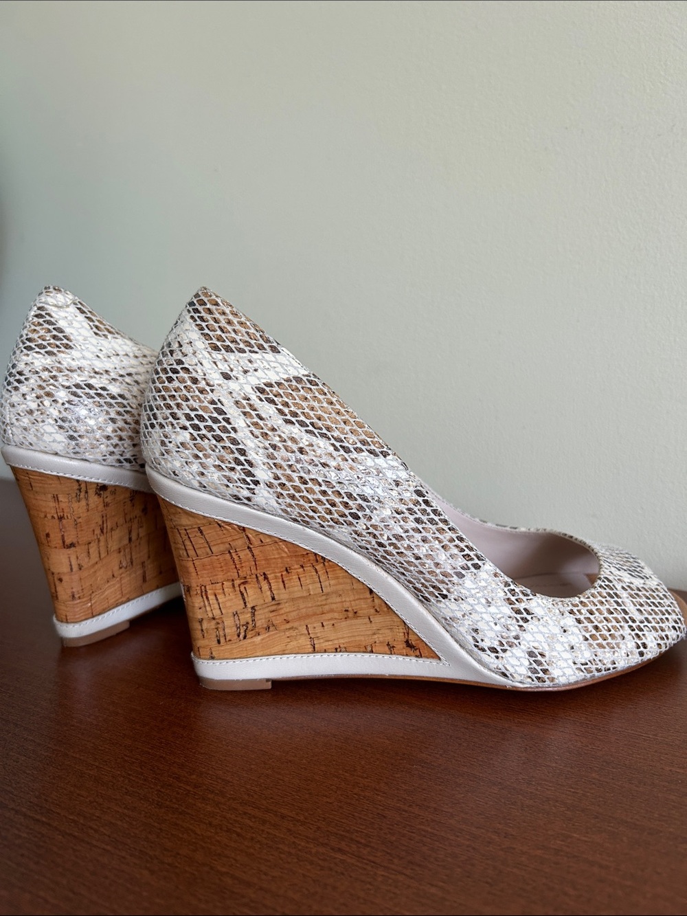 BCBGeneration Snake-Print Cork Wedge Pumps in Neutral Taupe and Beige